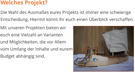 Welches Projekt? Die Wahl des Ausmaßes eures Projekts ist immer eine schwierige Entscheidung. Hiermit könnt ihr euch einen Überblick verschaffen.    Mit unseren Projekten bieten wir  euch eine Vielzahl an Varianten  und Möglichkeiten, die vor Allem  vom Umfang der Inhalte und eurem  Budget abhängig sind.